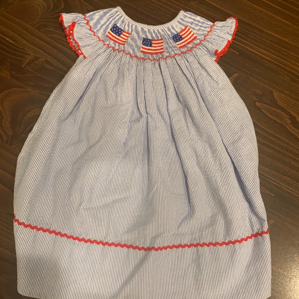Girls Blue Seersucker American Flag Smocked Dress